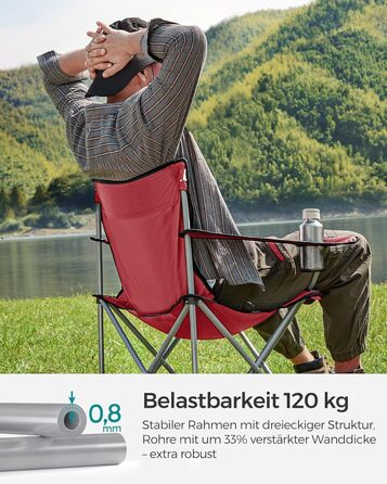 SONGMICS Крісла для кемпінгу, складні, вуличні, зручні, з підлокітниками та тримачем для напоїв, стабільний каркас, вантажопідйомність 120 кг, 2 шт (Червоний)