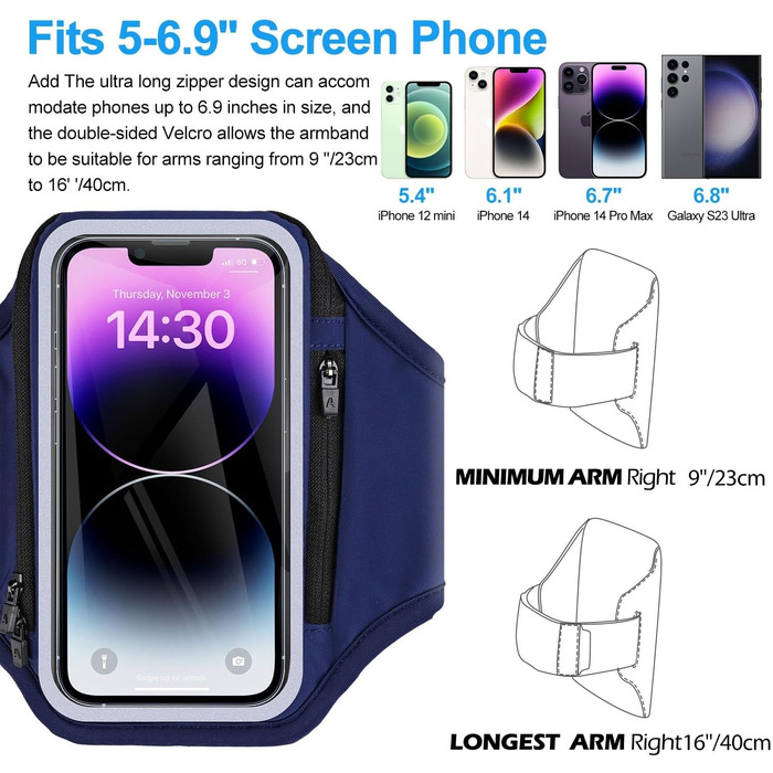 Спортивний браслет для телефону з кишенею для навушників, чохол для телефону для бігу 6.9 дюймів, тримач для iPhone 17 16 15, спортивний браслет, знімний тримач для телефону, для бігу (блакитний)