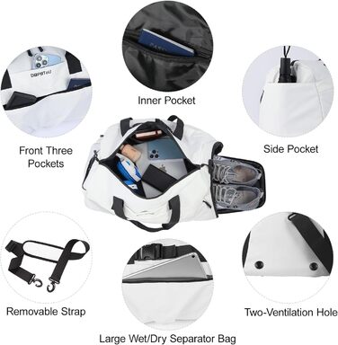 Спортивна сумка для жінок та чоловіків з жорстким матеріалом, дорожня сумка з відділенням для взуття, дві вентиляційні отвори та відділення для мокрого одягу, водонепроникна сумка-вікендер, спортивна сумка/сумка для плавання/сауни (Зелена) (Перлове білий)