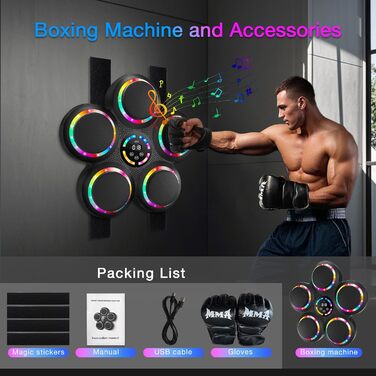 Розумна боксерська машина FOOING з Bluetooth, LED-підсвіткою та рівнями швидкості для дорослих та дітей, тренажер для зняття стресу з боксерськими рукавичками для домашніх тренувань. Інтелектуальні фітнес-пристрої (багатокольорове світло)