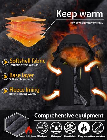 TACVASEN Чоловіча тепла зимова куртка з капюшоном, водонепроникна, чорна