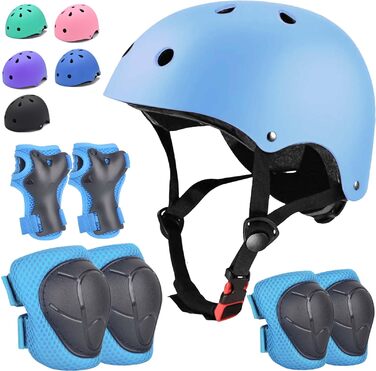 Дитячий велосипедний шолом Kinder-Fahrradhelm з набором захисту (наколінники, налокітники, рукавиці) для хлопчиків та дівчаток 3-8 років, блакитний, розмір S (48-54 см)