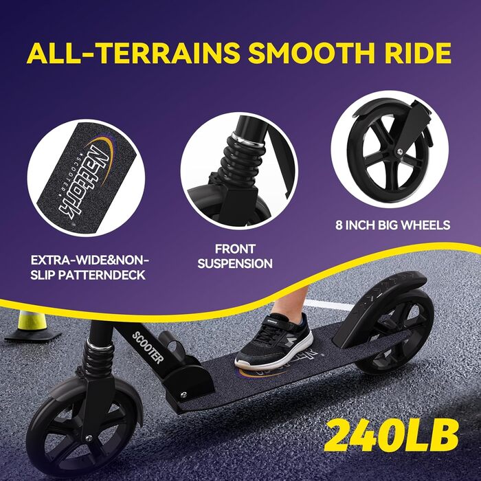 Kick Scooter Nattork з регульованим кермом та амортизатором - для підлітків та дорослих, 220lb, Navy Blue