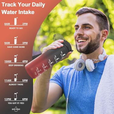 Спортивна пляшка для води Grsta 1,5 л, BPA Free, з фільтром, для газованої води, герметична, з часовою розміткою, чорна-червона, для спорту, школи, офісу та вулиці