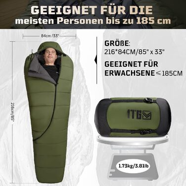 Тактичний спальний мішок 4 сезони 1TG Ranger Green, для дорослих, компактний та теплий, для кемпінгу, трекінгу, подорожей (до 185 см)