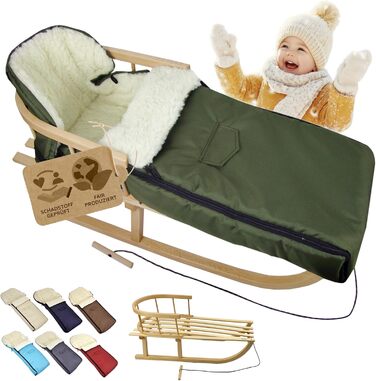 Дерев'яні санчата BambiniWelt з підніжкою та тягою + зимовий мішок для ніг 108 см – тепла вовна, водовідштовхувальний – комбінований набір для коляски та візка (оливковий)