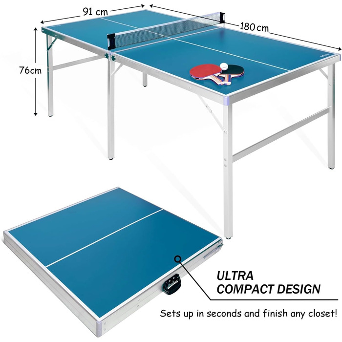 Стіл для пінг-понгу складний, Indoor, з сіткою, м'ячами та ракетками, блакитний 180x90x76 см