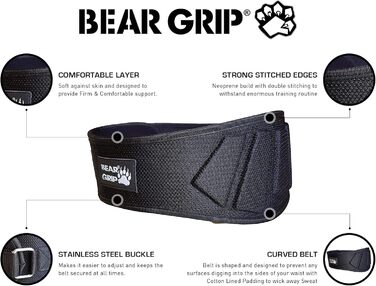 Пояс для важкої атлетики BEAR GRIP, неопреновий, анатомічний, для підтримки спини та попереку, для фітнесу та бодібілдингу, чорний, розмір XS