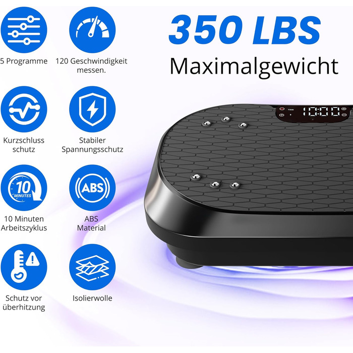 Вібраційна платформа для тренувань з Bluetooth-динаміками – 120 рівнів інтенсивності, для фітнесу вдома, лімфодренажу та формування тіла, чорна