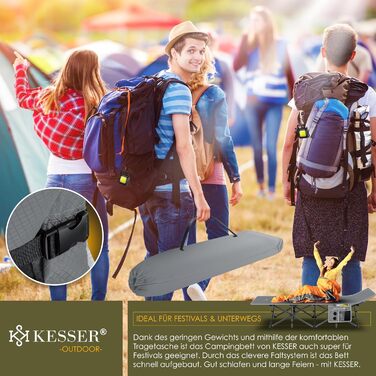 Кемпінг ліжко KESSER®: складане, стабільне, для відпочинку на природі, 210 см, сірий колір, з сумкою та ліхтарем
