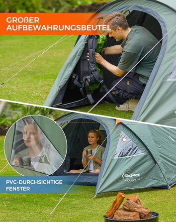 Намет KingCamp для кемпінгу на 4 особи: просторий, водонепроникний (PU3000mm), для трекінгу та відпочинку на природі (зелений)
