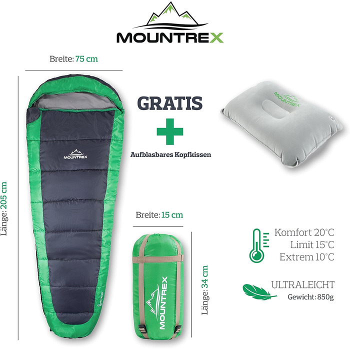 Сплячий мішок MOUNTREX® – ультралегкий та компактний (850г) – для відпочинку на природі, літній спальний мішок, мумієподібний (205x75 см) – малий об'єм при згортанні, легкий – для підлітків та дорослих + подарунок: надувне зелене подушечка для подорожей
