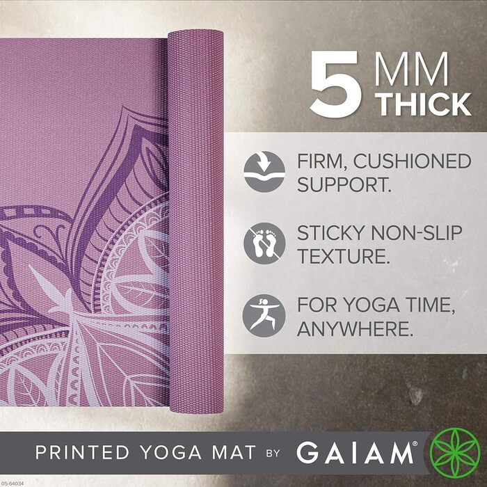 Йога мат Gaiam Premium 5 мм - Антиковзка тренувальна фітнес-мат для йоги, пілатесу та фітнесу (172,7 x 61 x 5 мм) - Колір: фіолетовий