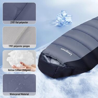 Спальник Leogreen дорослий пуховий -15°C до +5°C, 3-4 сезони, 300 GSM, 1800 г, для кемпінгу, туризму та альпінізму, 210x80x35 см (Чорний)