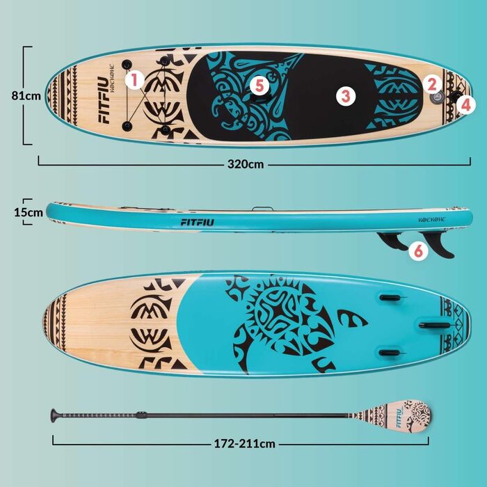 Надувна SUP-дошка Fitfiu Fitness KOEKOHE 320x81x15 см, маорі, комплект: весло, насос, 3 плавці, аксесуари