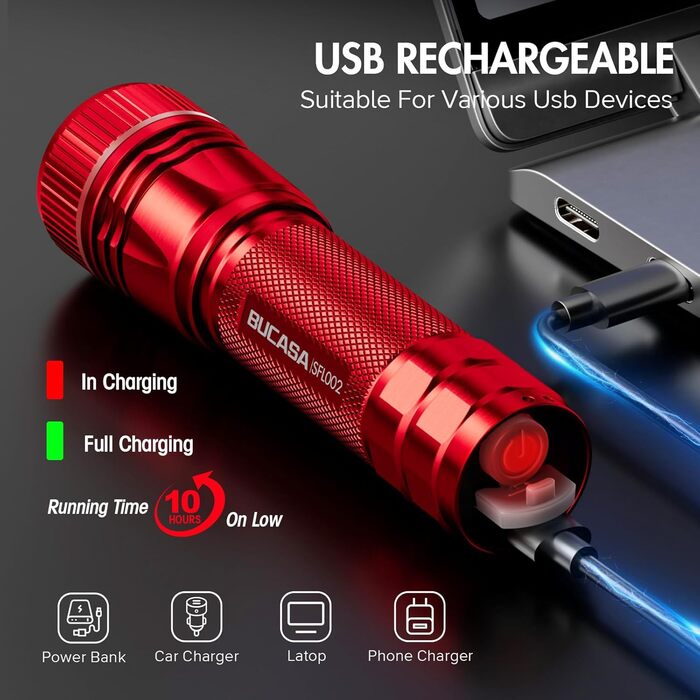Ліхтарик LED BUCASA, 2000 люмен, 3 режими, збільшується, водонепроникний, для кемпінгу та активного відпочинку (червоний)