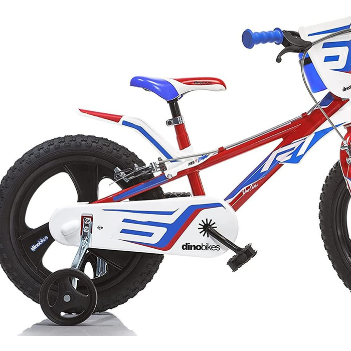 Дитячий велосипед Dino Bikes 14 дюймів для хлопчиків з ручними гальмами, допоміжними колесами, червоно-синьо-білий