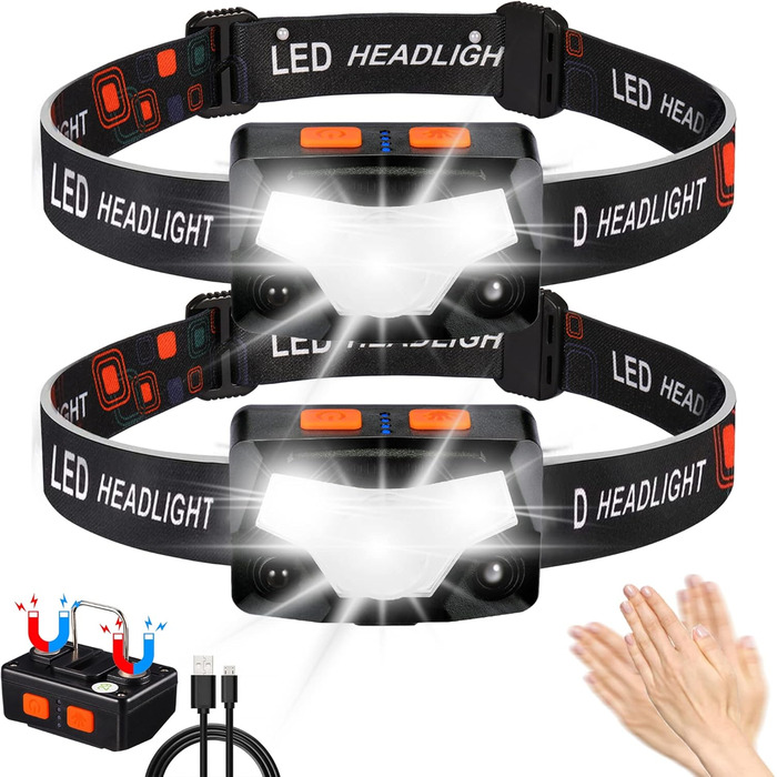 LED налобний ліхтар з акумулятором, 2 шт., 2000 люменів, супер яскравий, сенсор, 14 режимів, водонепроникний, легкий, для риболовлі, бігу, кемпінгу