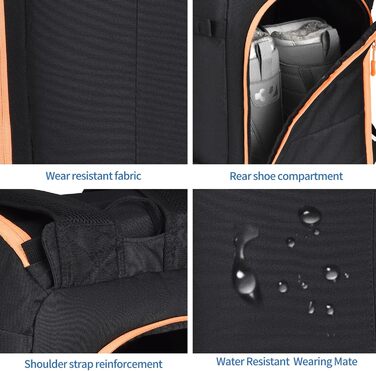 Чохол для лиж чорного кольору, терморюкзак, 50 л, водонепроникний. Підходить для сноуборду, лижного спорядження, шолому, маски, рукавичок, аксесуарів. Для підлітків та чоловіків. Оранжево-чорний колір.