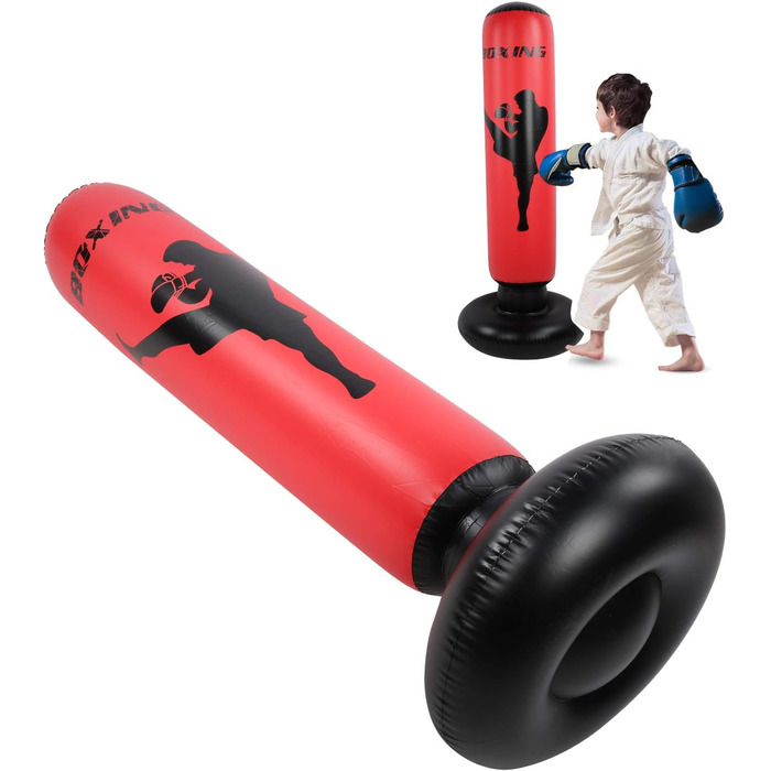 Надувний боксерський мішок 170 см для силових тренувань, чорно-червоний PVC, для чоловіків, жінок, хлопчиків та дівчаток