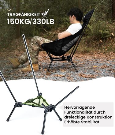 OneTigris TIGERBLADE складаний туристичний стілець з високою спинкою, 170 кг, легкий, з трикутним каркасом, з 2 кишенями, для відпочинку на природі, риболовлі, пікніків (Чорний)