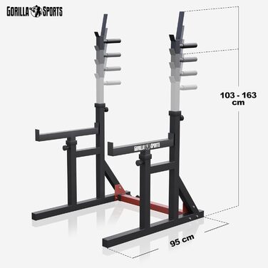 GORILLA SPORTS® Стійка для присідань із турніком, регульована висота і ширина, навантаження до 300 кг, чорна – стійка для штанги, для присідань, для жиму лежачи