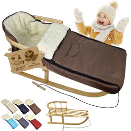Дерев'яні санки BambiniWelt з підніжкою та буксирувальним тросом + зимовий чохол для ніг 108 см – тепла вовна лами, водовідштовхувальний – комбінований набір для дитячої коляски та візка (Коричневий)