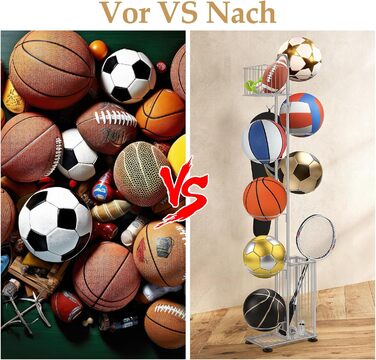 Металева стійка для м'ячів Smusei, 7-ярусна, з 2 кошиками та гачками. Організатор для баскетболу, футболу, волейболу та інших м'ячів. Сріблястий колір