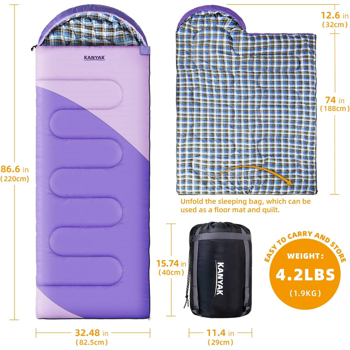 Спальний мішок для кемпінгу, дорослих, дітей та підлітків, 3-4 сезони, для холодного клімату, фіолетовий
