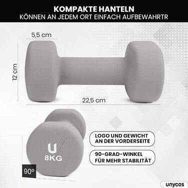 Неопренові гантелі unycos 2 x 8 кг, набір для чоловіків і жінок, круглі, протиковзкі, антироликовий дизайн, зручна ручка, для фітнесу, пілатесу, силових тренувань, світло-сірі