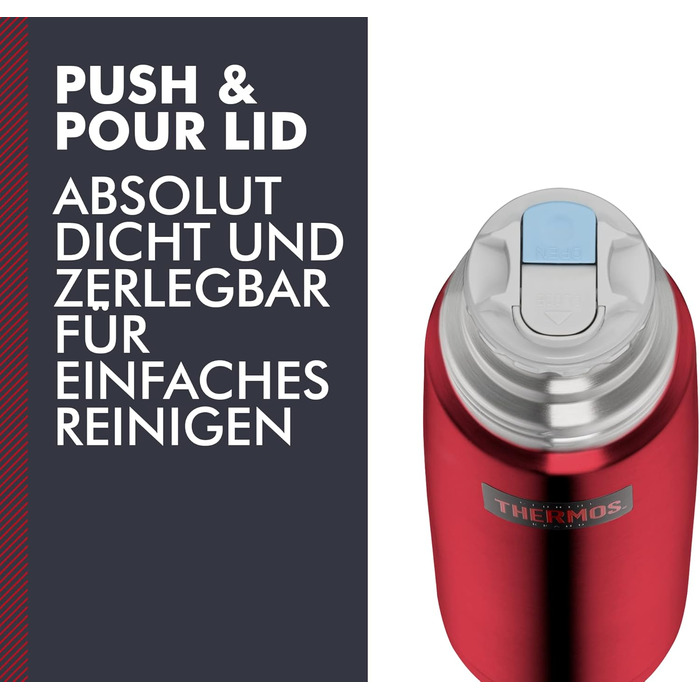 Термос для напоїв 0,75 л Thermos Light & Compact, червоний, нержавіюча сталь, ізольована пляшка з чашкою, зберігає тепло до 18 годин, холод — до 24 годин, герметичний, BPA-free, можна мити в посудомийці