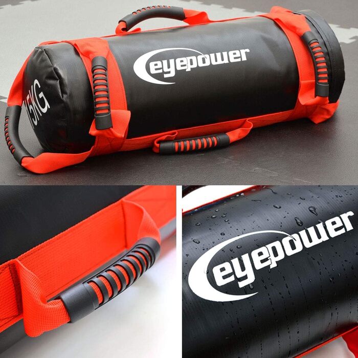 Фітнес мішок EYEPOWER 15 кг + 4 гирі, наповнений залізним піском, 6 ручок, для домашніх тренувань, тренажер для пресу та спини, чорний-червоний, 18x50 см