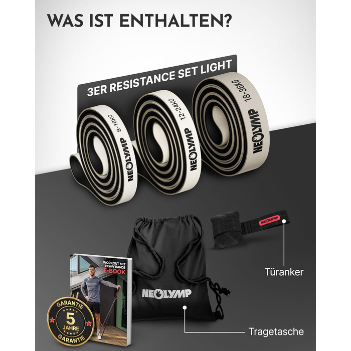 Гумові еспандери NEOLYMP з натурального латексу (3 шт.) - набір для силових тренувань з електронною книгою, 8-36 кг