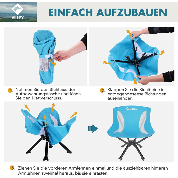 Складний туристичний стілець VILLEY, блакитний, з алюмінієвим каркасом, 150 кг, з сумкою для відпочинку та риболовлі