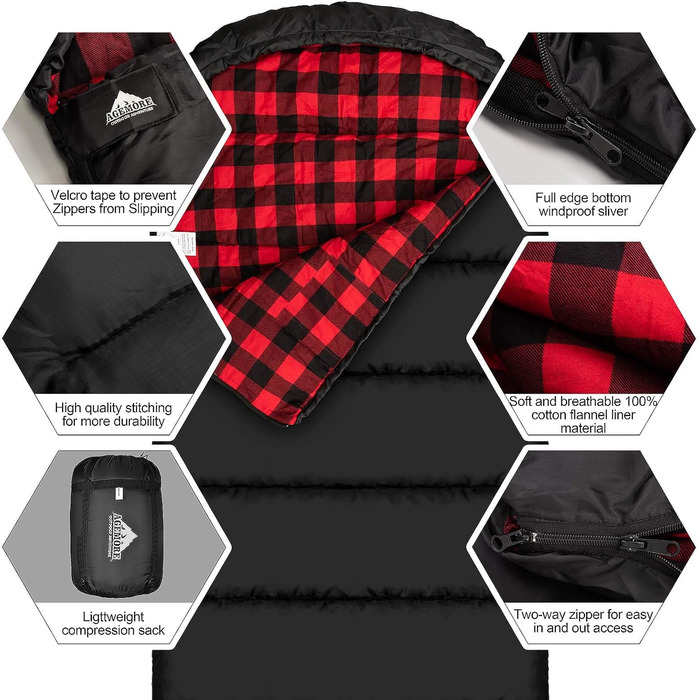 Спальний мішок Baumwoll-Flanell для дорослих: легкий, водонепроникний, 100% бавовна. Ідеально для кемпінгу, подорожей, відпочинку на природі. Чорний/Червоний