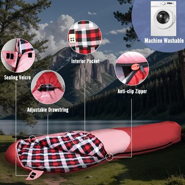 Спальний мішок WKFAMOUT Mumienschlafsack для дорослих та дітей -12°C до 0°C, фліс, 3-4 сезони, для кемпінгу та подорожей, червоний, до 150см