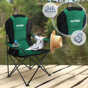 Зручний складаний стілець для кемпінгу Outtec, 130 кг, з високою спинкою, підсклянник, сумка, риболовний стілець, зелений