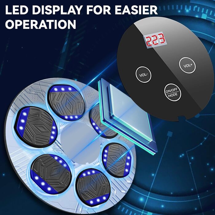 Музична боксерська машина Silencomfort з LED-підсвічуванням, кріплення для боксерських рукавичок, 9 режимів швидкості та режим підрахунку ударів, Bluetooth для занять та зняття стресу