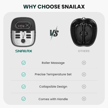 Електрична ванночка для ніг Snailax з масажем та підігрівом, 14 режимів нагріву, ролики Shiatsu, бульбашки, червоне світло, таймер, складна, чорна