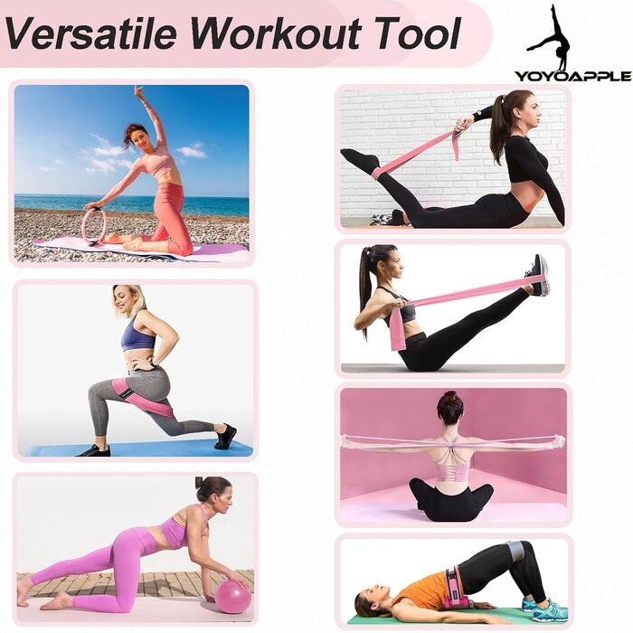 Набір для пілатесу вдома, 11-ти частинний, для жінок, з м'ячиком та кільцем, рожевий
