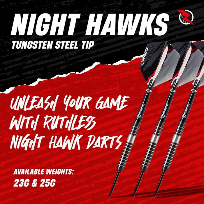 Професійний набір дротиків RUTHLESS Night Hawk із вольфраму зі сталевим наконечником, 23 г і 25 г, з оперенням і стрижнями