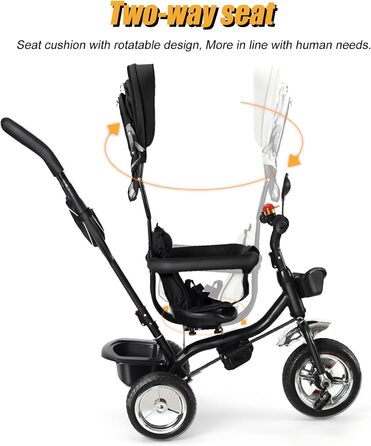 Триколісний велосипед для малюків 5 в 1, росте разом з дитиною, велосипед-коляска, поворотний сидіння 360°, штовхач, знімний капюшон, ремінь безпеки 3-точ., кошик, 1-5 років (5 в 1), чорний