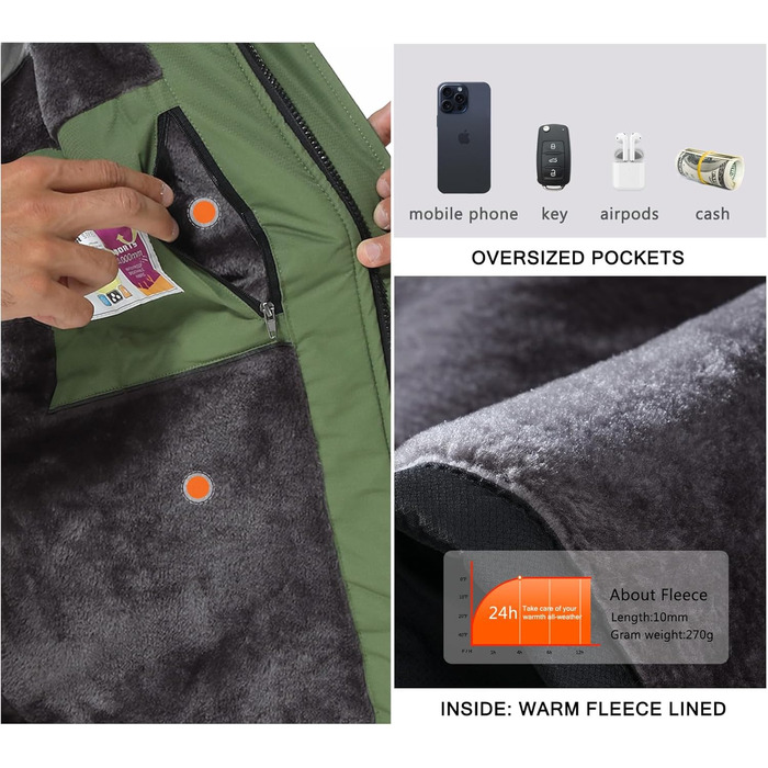 SPOSULEI Чоловіча флісова куртка на зиму, тепла, з підкладкою, для катання на лижах, outdoor, вітронепроникна, водонепроникна, знімний капюшон, для піших прогулянок, XL, трав'яно-зелений