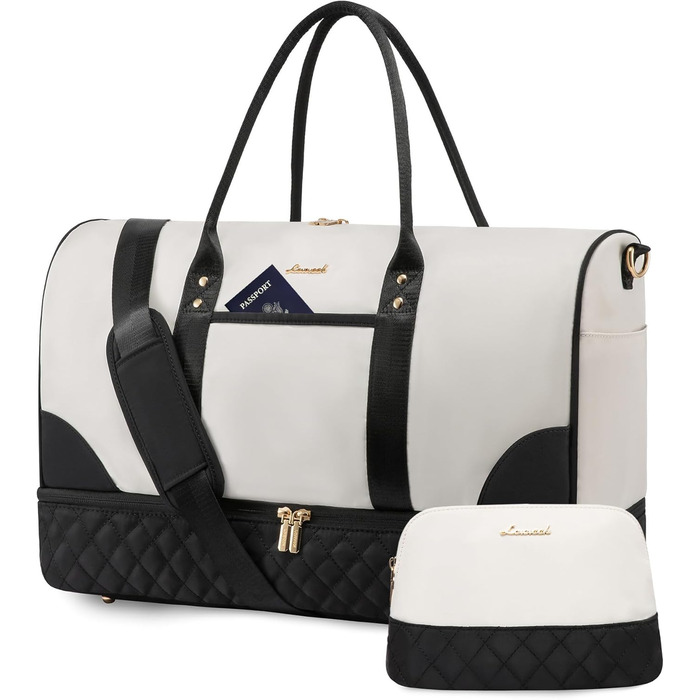 Сумка-мішок LOVEVOOK для жінок: дорожня, спортивна, з відділенням для взуття та мокрих речей, 2 шт. (35л, бежевий/чорний)