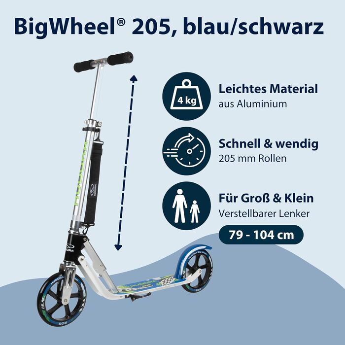 Самокат HUDORA BigWheel 205 алюмінієвий, складаний, міський, для дітей та дорослих, регульована висота, до 100 кг
