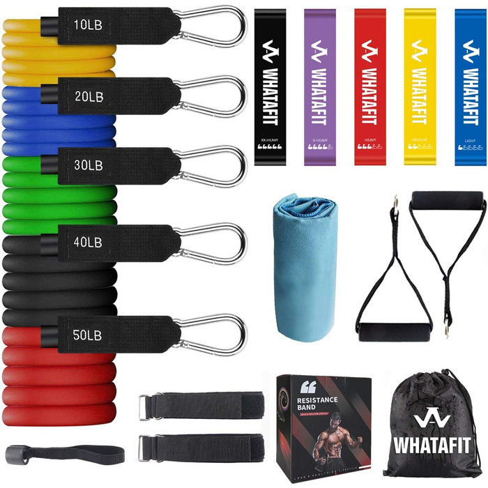 Набір еластичних стрічок WHATAFIT для фітнесу та реабілітації: з дверним анкером, ручками та ремінцями для ніг