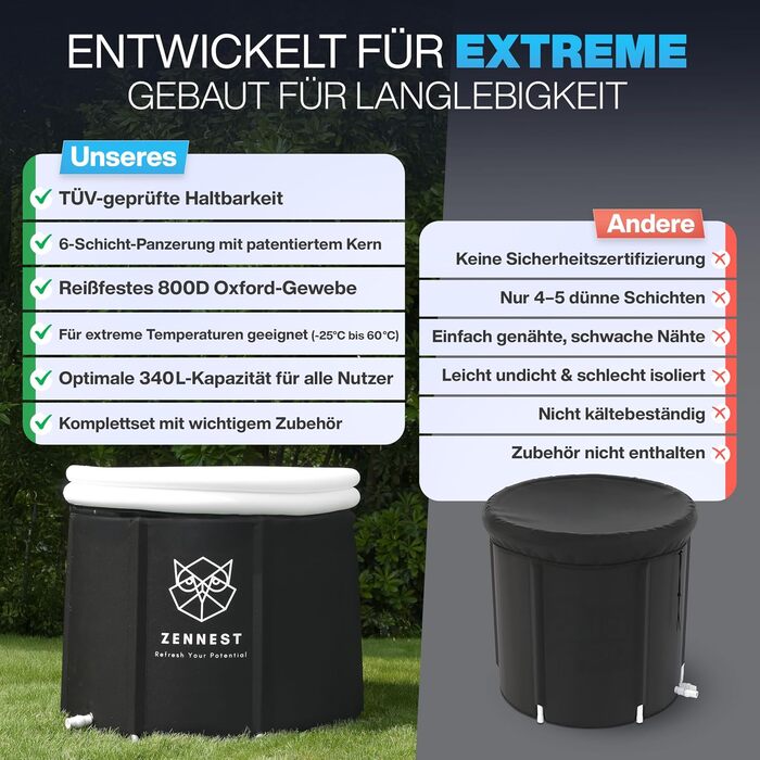 Eistonne Zennest Eistonne для дому 90см – XL Cold Plunge: велика ванна для крижаних процедур на відкритому повітрі з 6-шаровою ізоляцією. Зручна та портативна ванна для дорослих. (Rund-pro)
