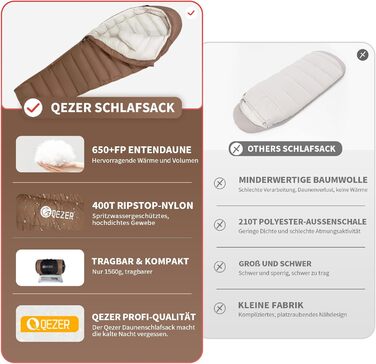 Пуховий спальний мішок для дорослих та дітей, легкий зимовий, Outdoor 8°C ~ -30°C для кемпінгу та альпінізму, 650 FP гусячий пух (коричневий, 1000г пуху)