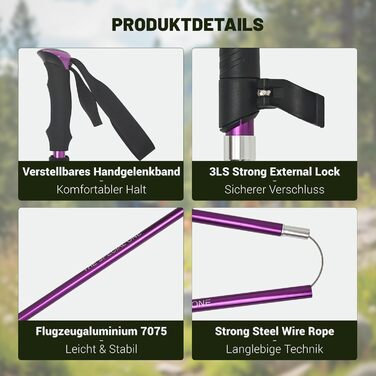 Чоловічі та жіночі палки для скандинавської ходьби, 2 шт. Телескопічні палки для трекінгу з алюмінію з гумовими амортизаторами, фіолетовий колір