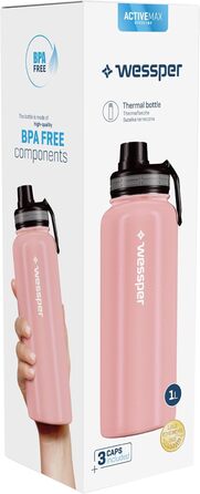 Термос Wessper 1000 мл з нержавіючої сталі, герметичний, BPA-free, 3 кришки, рожевий, для спорту, дітей і дорослих, для кемпінгу, велосипеда, outdoor